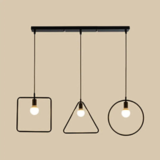 Industrial 3-Light Geometric Metal Frame Pendant With Black Finish For Dining Room Ceiling / Linear
