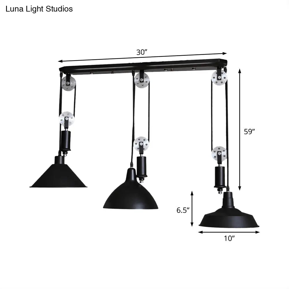 Industrial 3-Light Pendant With Adjustable Shades And Pulley Design In Black