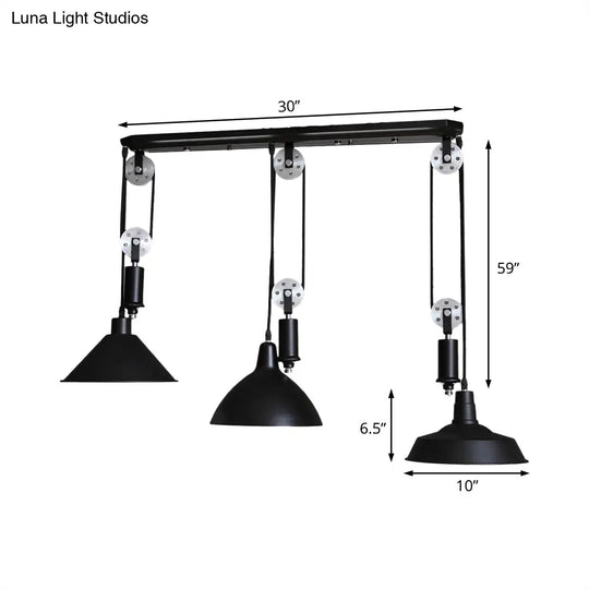 Industrial 3-Light Pendant With Adjustable Shades And Pulley Design In Black