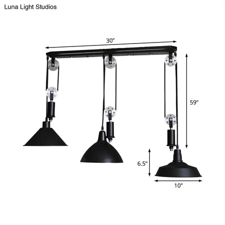 Industrial 3-Light Pendant With Adjustable Shades And Pulley Design In Black