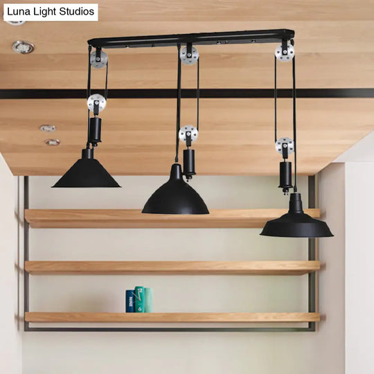 Industrial 3-Light Pendant With Adjustable Shades And Pulley Design In Black