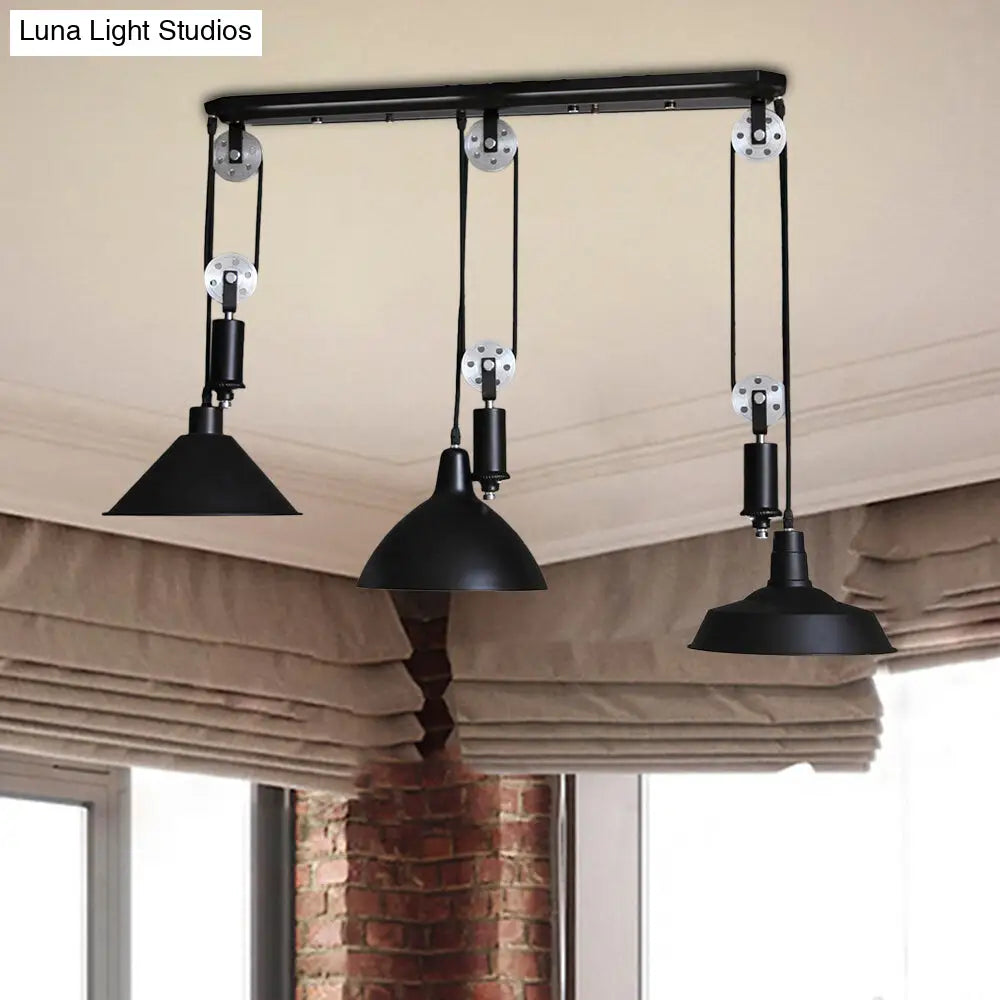 Metal Industrial Pendant Lighting - 3-Light Fixture With Unique Shade And Pulley Design In Black