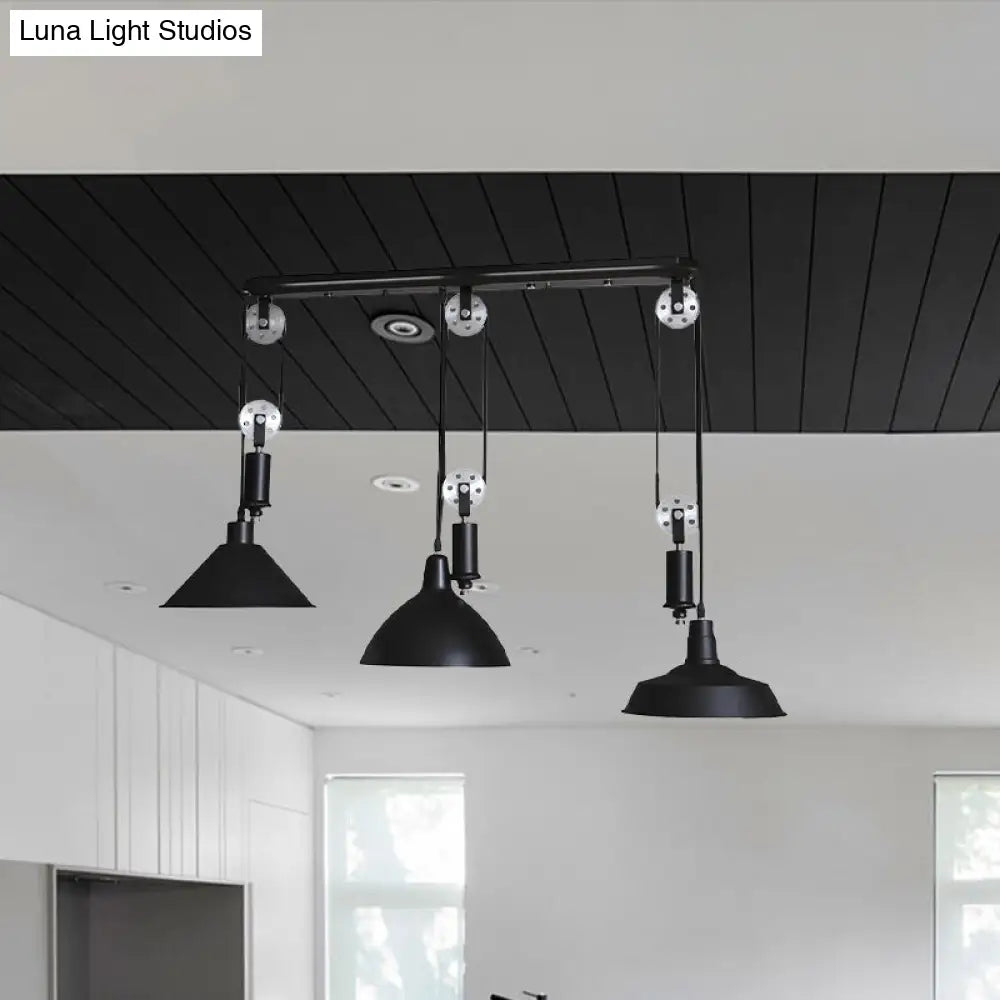 Metal Industrial Pendant Lighting - 3-Light Fixture With Unique Shade And Pulley Design In Black