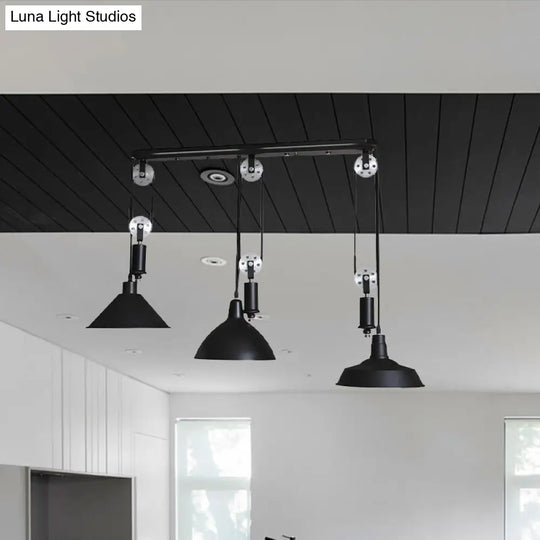 Metal Industrial Pendant Lighting - 3-Light Fixture With Unique Shade And Pulley Design In Black