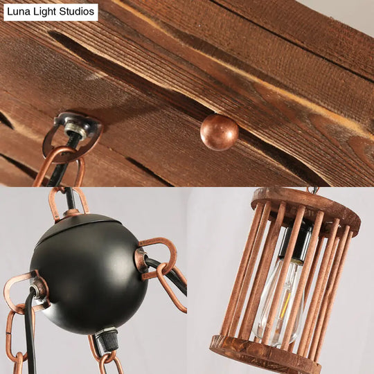 Industrial Wood Chandelier - 3-Light Cylinder Shade Pendant With Chain For Dining Room Lighting