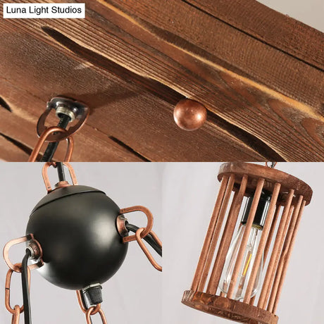 Industrial 3-Light Wood Chandelier Pendant With Cylinder Shade And Chain - Perfect For Dining Rooms