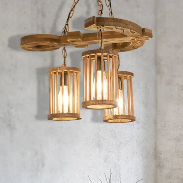 Industrial 3-Light Wood Chandelier Pendant With Cylinder Shade And Chain - Perfect For Dining Rooms