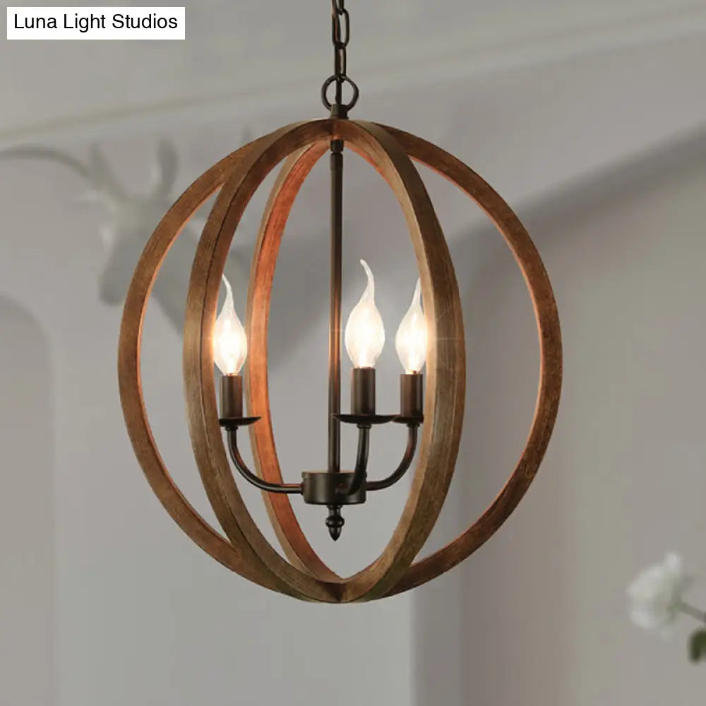Industrial Loft Wooden Pendant Chandelier With 3 Spherical Lights - Brown Ideal For Dining Room