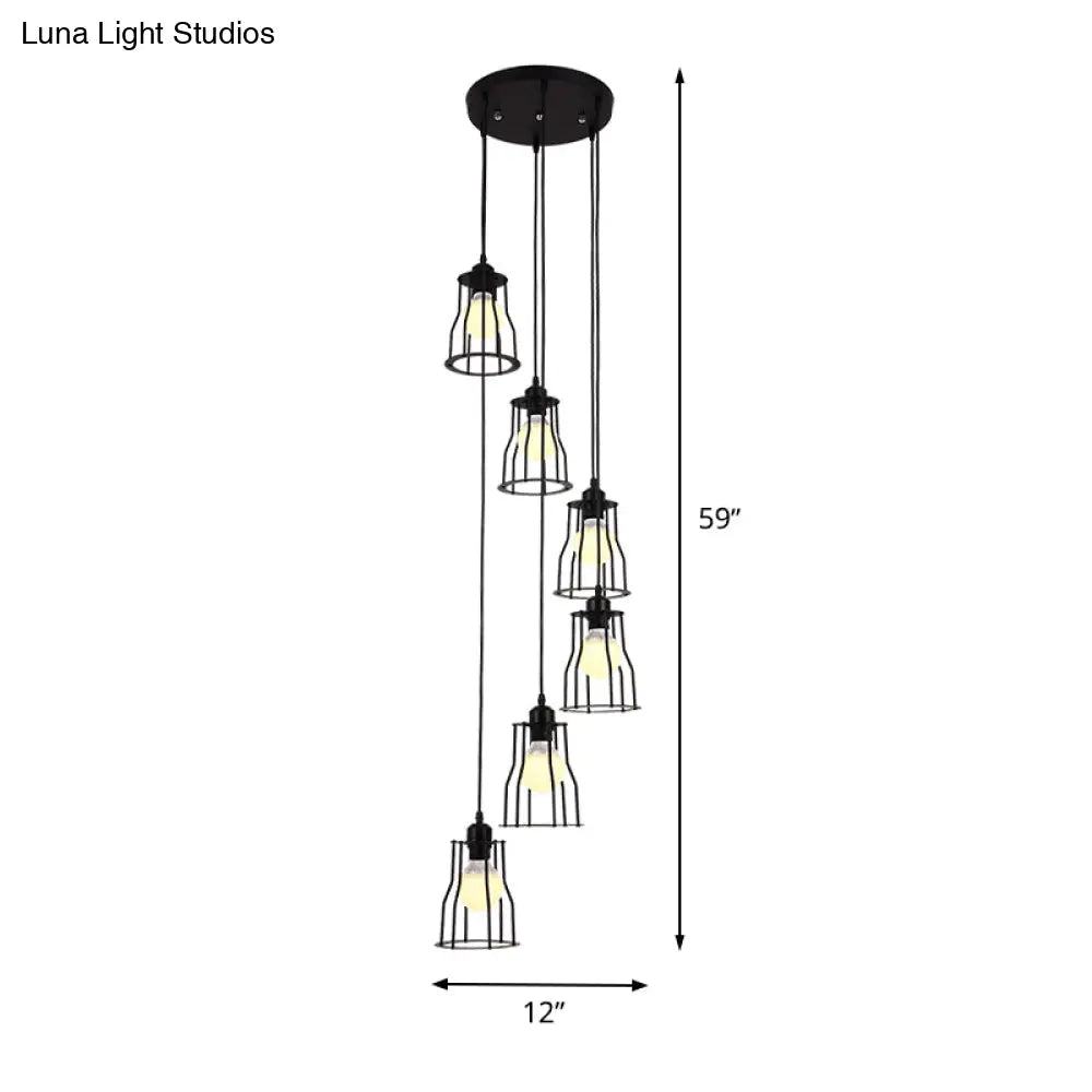 Iron Wire Cage Ceiling Light - Industrial 6 Head Stair Pendant Lamp In Black