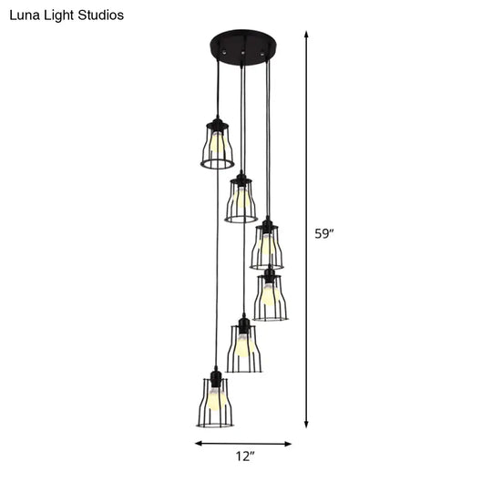 Iron Wire Cage Ceiling Light - Industrial 6 Head Stair Pendant Lamp In Black