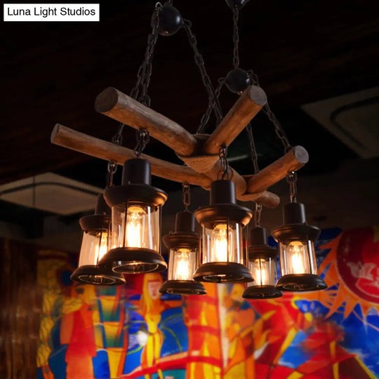 Industrial Wood Pendant Chandelier With 6 Heads For Restaurant Lighting