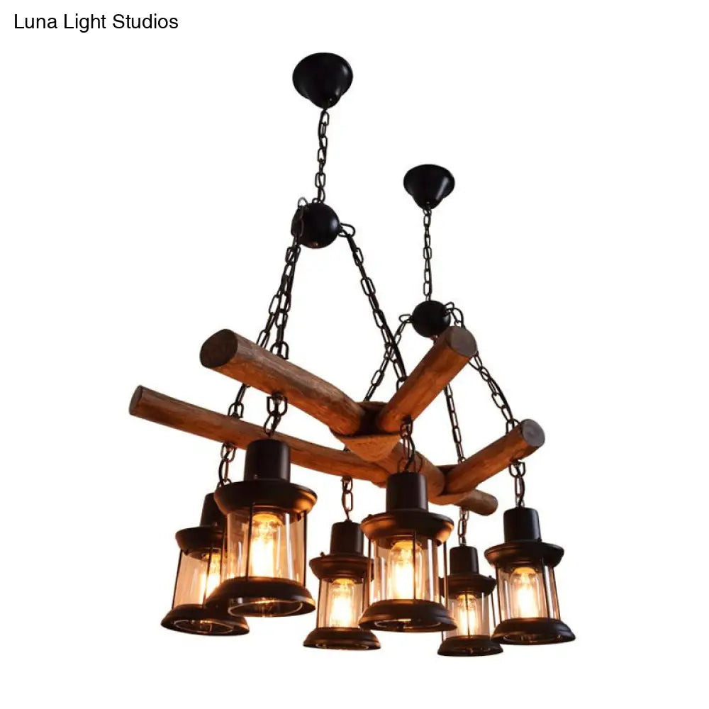 Industrial Wood Pendant Chandelier With 6 Heads For Restaurant Lighting