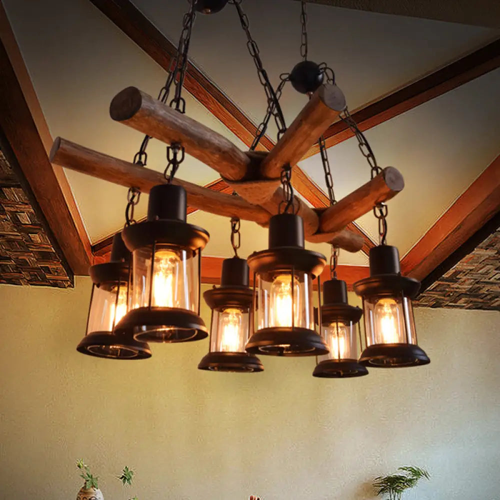 Industrial 6-Head Wood Pendant Lantern For Restaurant Chandelier