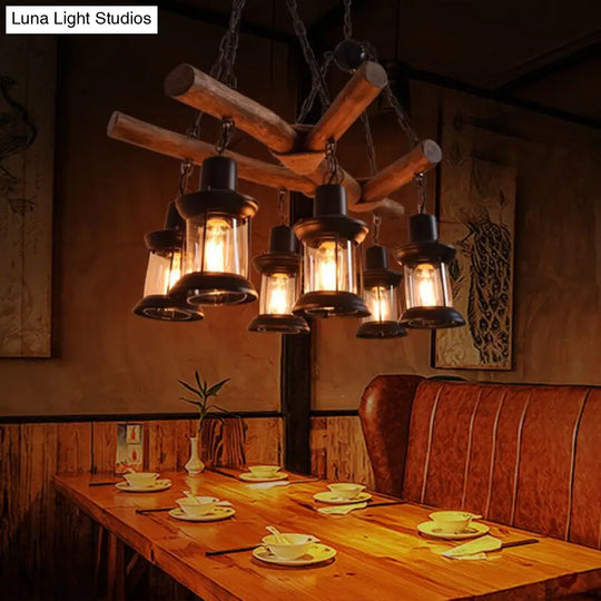 Industrial Wood Pendant Chandelier With 6 Heads For Restaurant Lighting