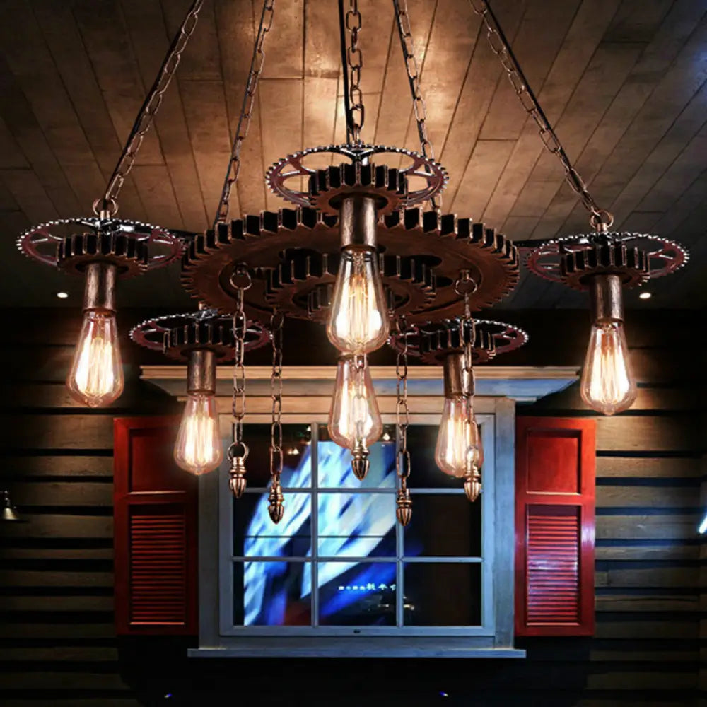 Industrial 6-Light Metal Chandelier With Exposed Bulbs - Silver/Bronze Pendant Lighting For Dining