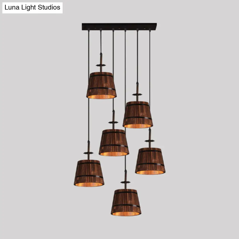 Industrial 6-Light Wooden Pendant For Coffee Shops - Tapered Brown Shades