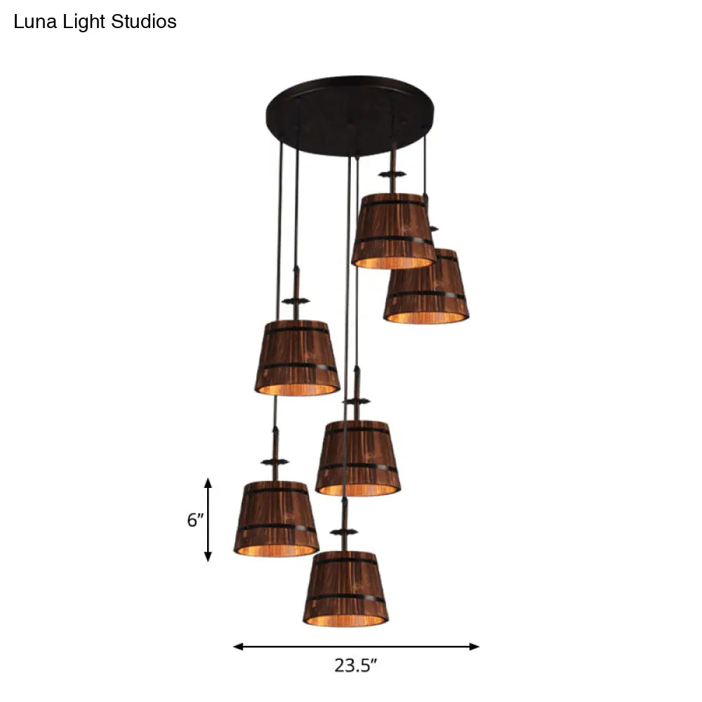 Industrial 6-Light Wooden Pendant For Coffee Shops - Tapered Brown Shades