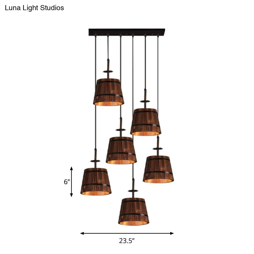 Industrial 6-Light Wooden Pendant For Coffee Shops - Tapered Brown Shades