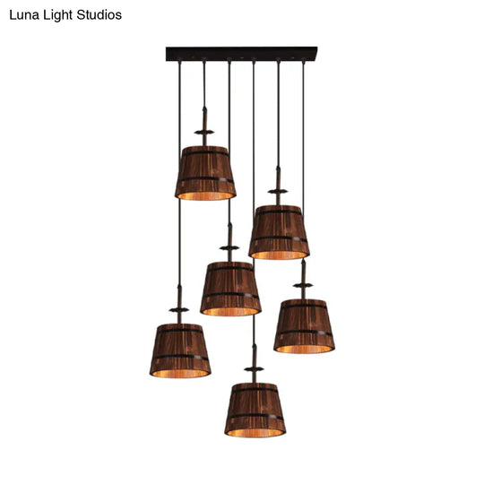 Industrial 6-Light Wooden Pendant For Coffee Shops - Tapered Brown Shades