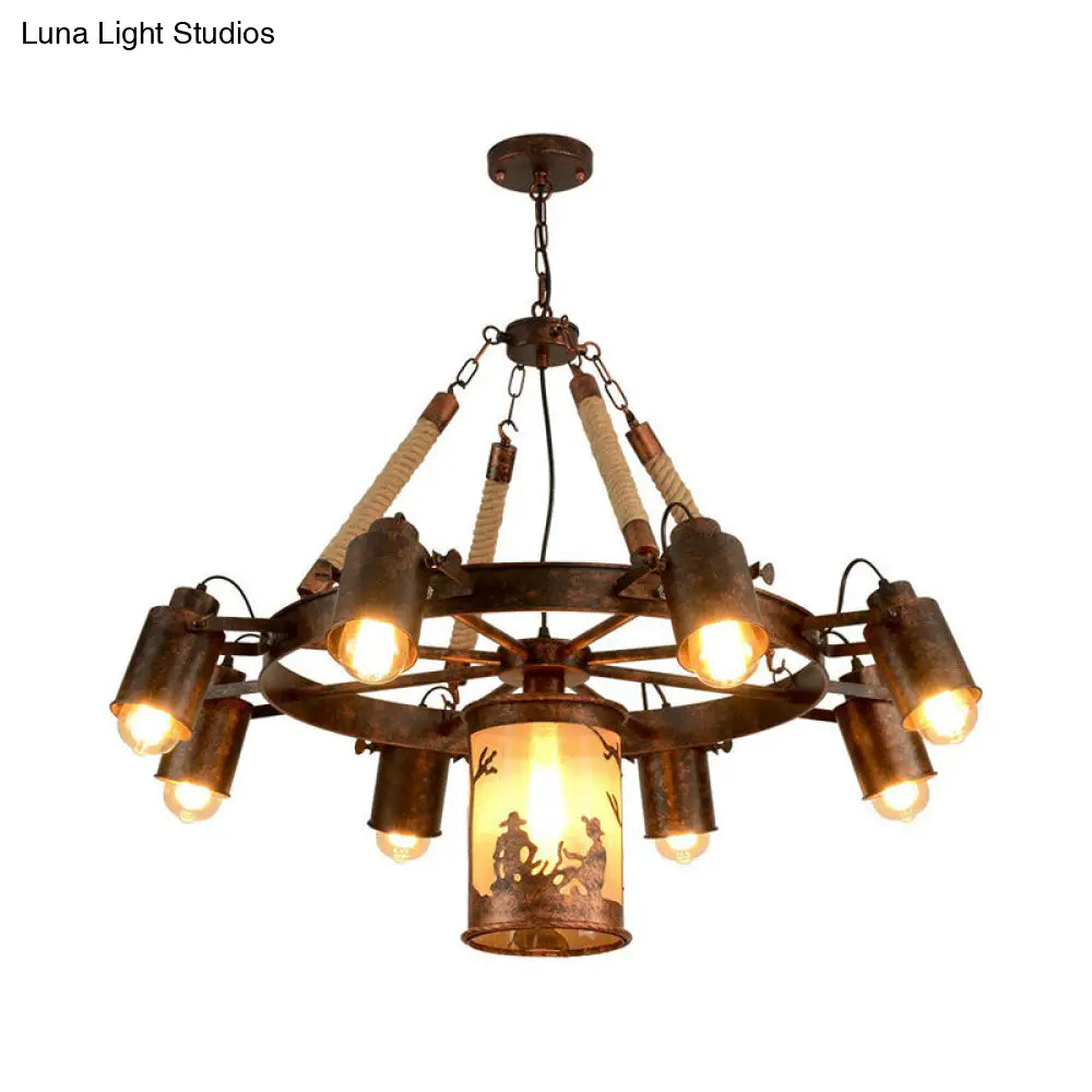 Industrial Adjustable Chandelier Pendant With 8 Lights Black/Rust Wheel Design Restaurant Ceiling