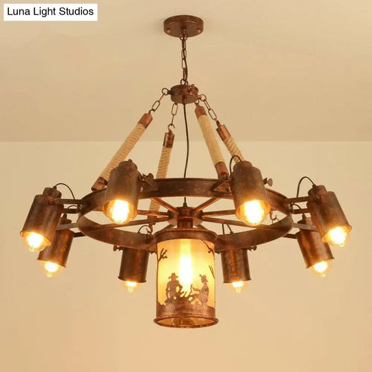 Industrial Adjustable Chandelier Pendant With 8 Lights Black/Rust Wheel Design Restaurant Ceiling