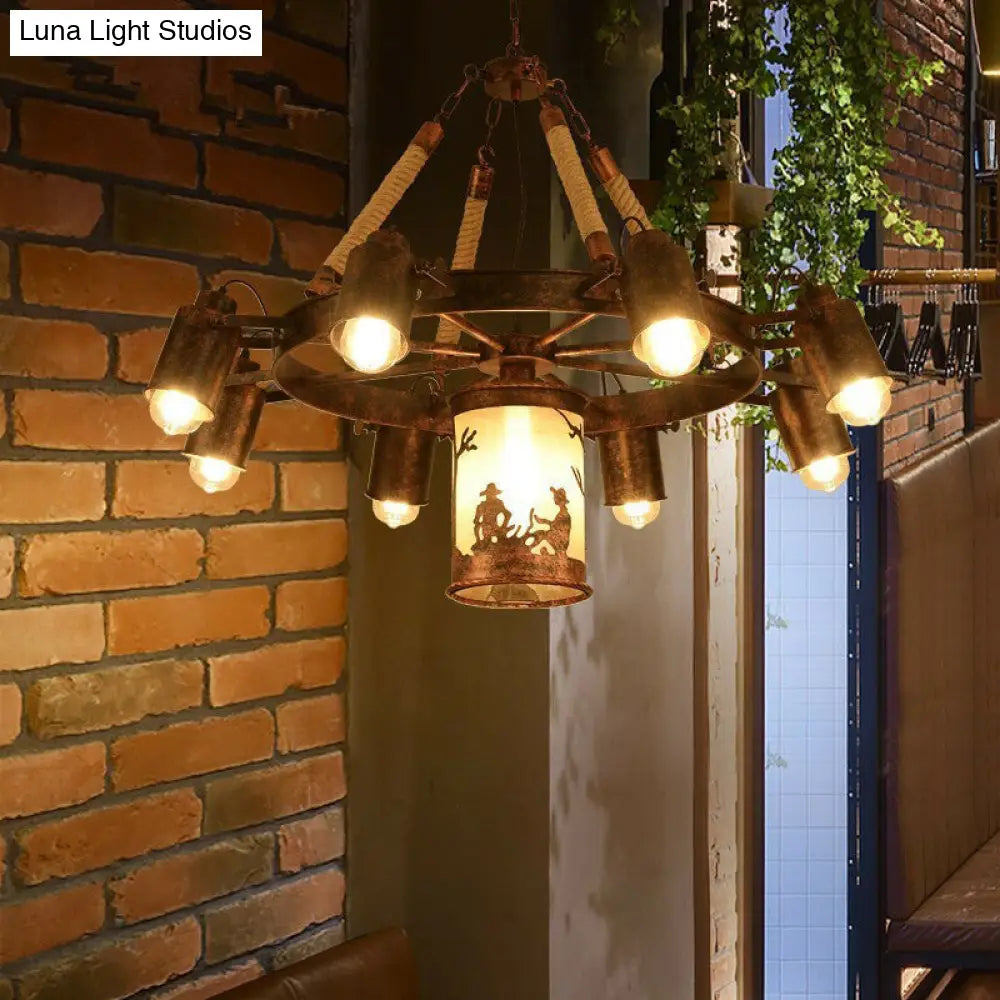 Industrial Adjustable Chandelier Pendant With 8 Lights Black/Rust Wheel Design Restaurant Ceiling