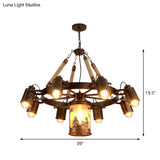 Industrial Adjustable Chandelier Pendant With 8 Lights Black/Rust Wheel Design Restaurant Ceiling