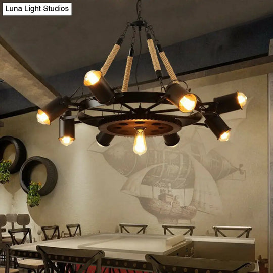 Industrial Adjustable Chandelier Pendant With 8 Lights Black/Rust Wheel Design Restaurant Ceiling
