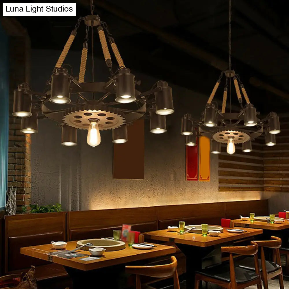 Industrial Adjustable Chandelier Pendant With 8 Lights Black/Rust Wheel Design Restaurant Ceiling