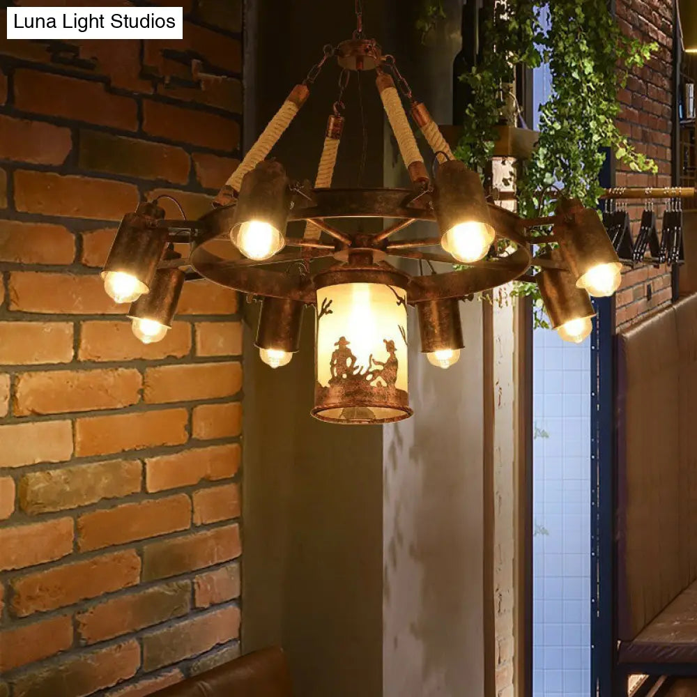 Industrial Adjustable Chandelier Pendant With 8 Lights Black/Rust Wheel Design Restaurant Ceiling