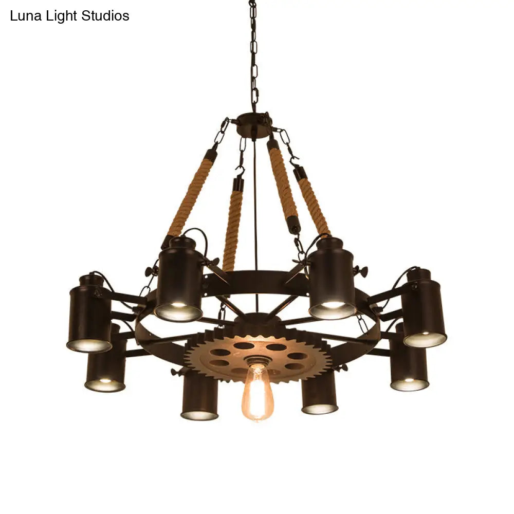 Industrial Adjustable Chandelier Pendant With 8 Lights Black/Rust Wheel Design Restaurant Ceiling