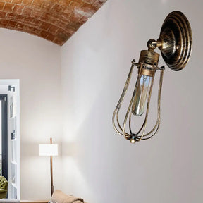 Industrial Aged Brass Wall Sconce With Wire Guard And Bulb Shade For Restaurants Antique