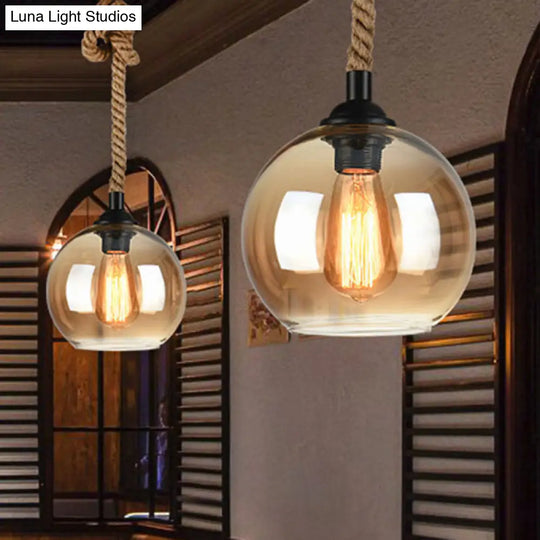 Industrial Amber/Clear Glass Ball Pendant Lamp For Restaurant Ceiling With Rope Rod Amber / 10’