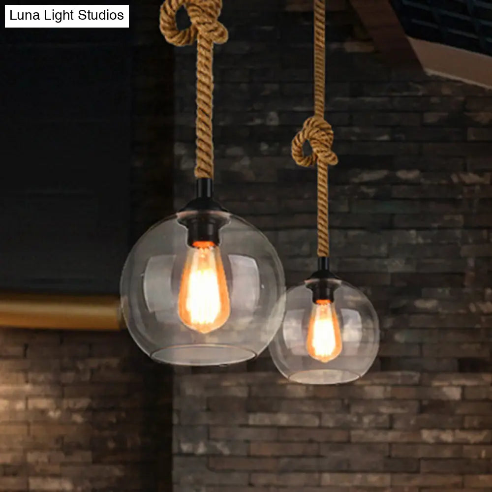 Industrial Glass Ball Pendant Lamp With Rope Rod - Amber/Clear 1 Head Restaurant Ceiling Lighting