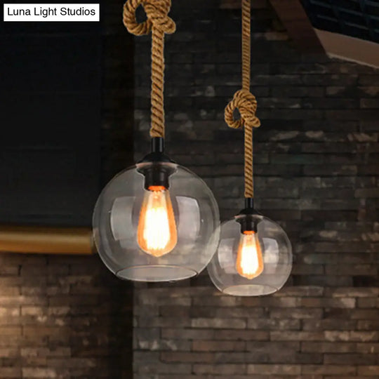 Industrial Glass Ball Pendant Lamp With Rope Rod - Amber/Clear 1 Head Restaurant Ceiling Lighting