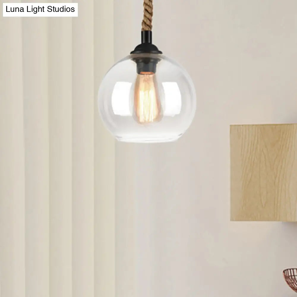 Industrial Amber/Clear Glass Ball Pendant Lamp For Restaurant Ceiling With Rope Rod