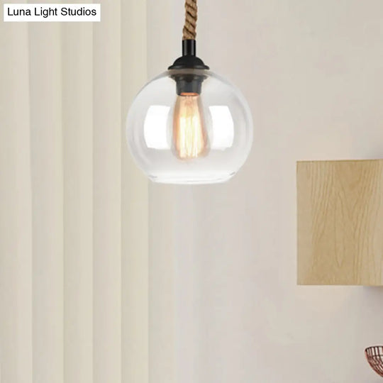 Industrial Amber/Clear Glass Ball Pendant Lamp For Restaurant Ceiling With Rope Rod