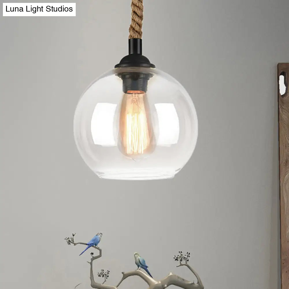 Industrial Glass Ball Pendant Lamp With Rope Rod - Amber/Clear 1 Head Restaurant Ceiling Lighting