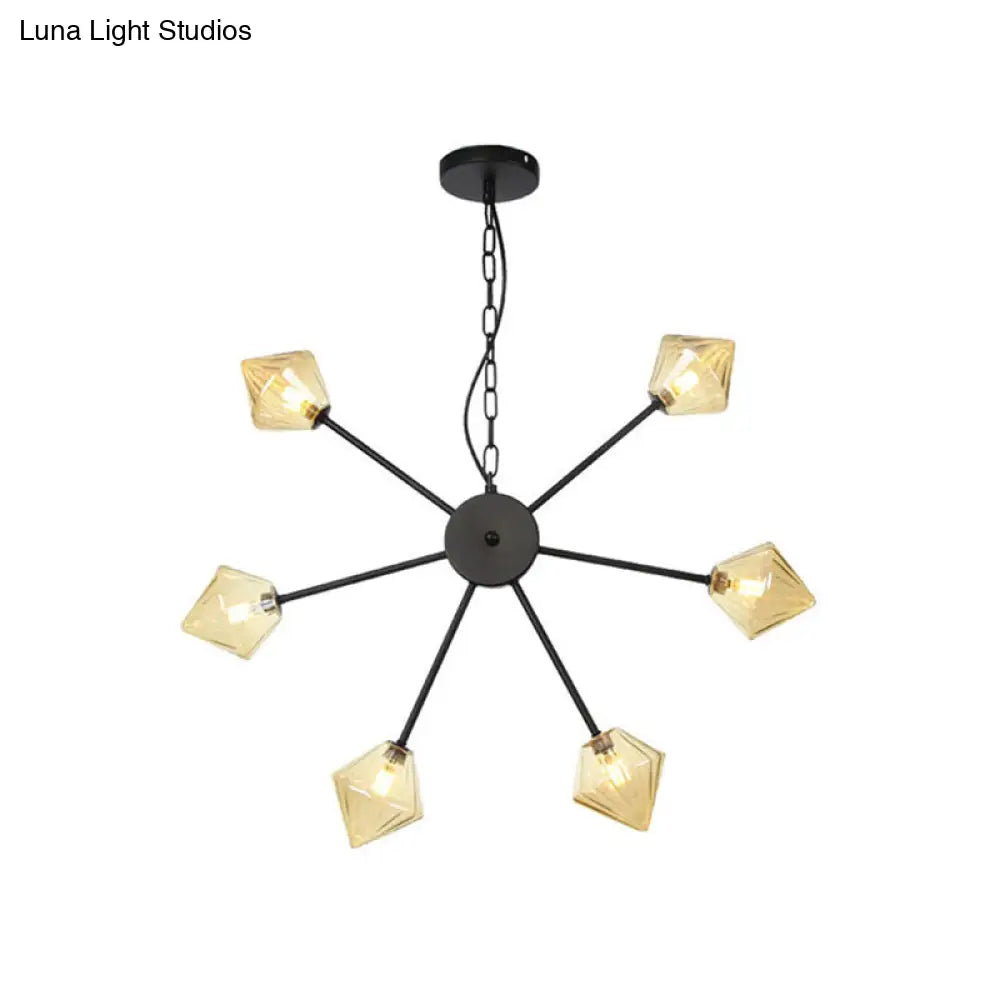 Diamond Shade Hanging Industrial Chandelier Lamp With Amber/Clear Glass - 6/9/12 Heads