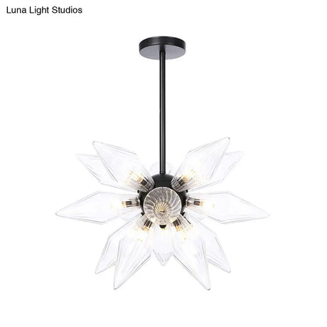 Industrial Amber/Clear Ribbed Glass Pendant Lighting With Starburst Design - 9/12/15 Heads Bedroom