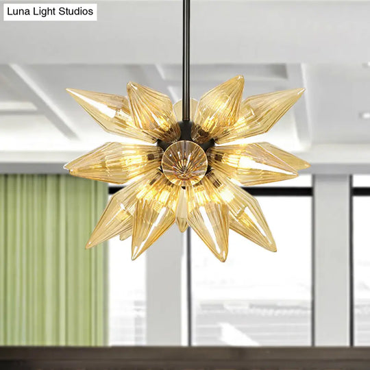 Industrial Pendant Chandelier With Amber/Clear Ribbed Glass And Starburst Design - 9/12/15 Heads For