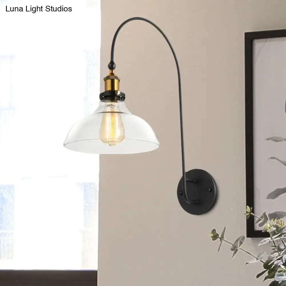 Industrial Antique Brass Barn Wall Light Fixture With Clear Glass And Gooseneck Arm