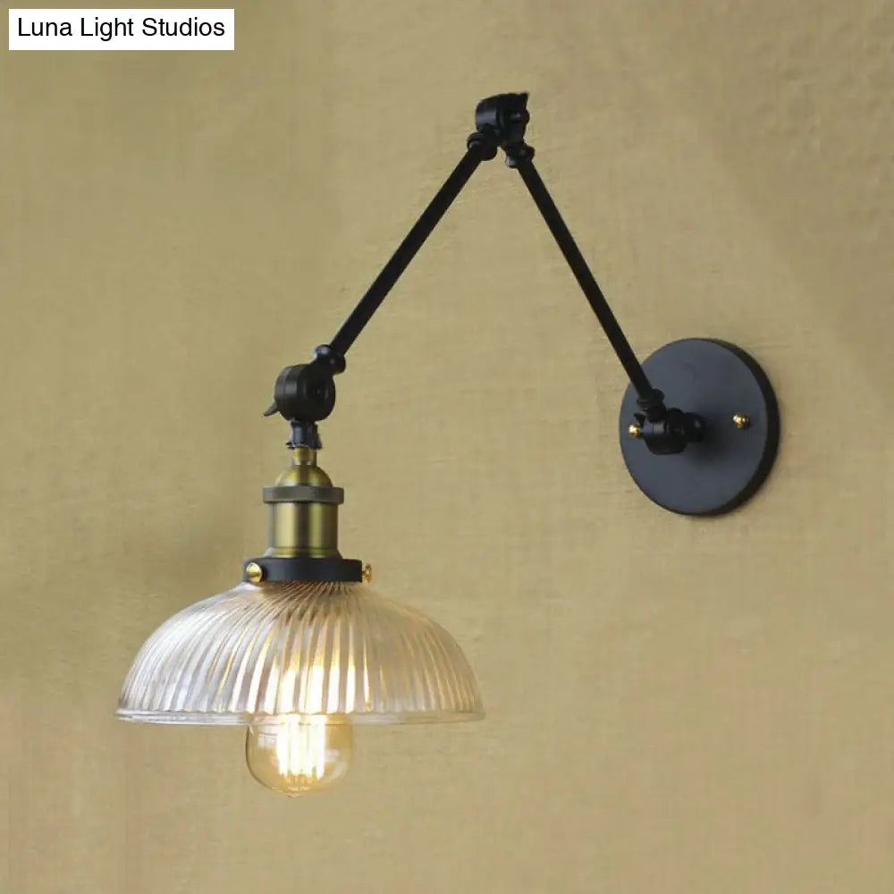 Industrial Antique Brass/Black/Rust Swing Arm Wall Sconce With Ribbed Glass Shade - Perfect Living