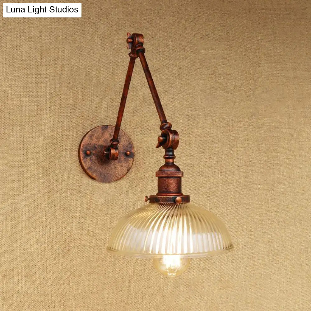 Industrial Antique Brass/Black/Rust Swing Arm Wall Sconce With Ribbed Glass Shade - Perfect Living