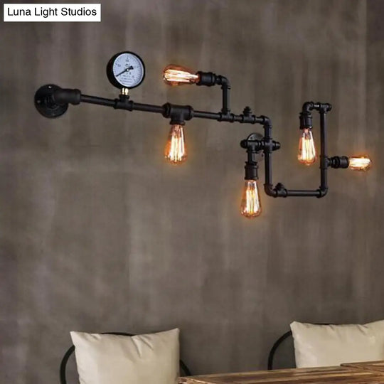 Industrial Antiqued Black/Brass/Rust Wall Light Kit With Decorative Gauge - 5 Bulbs Pipe System