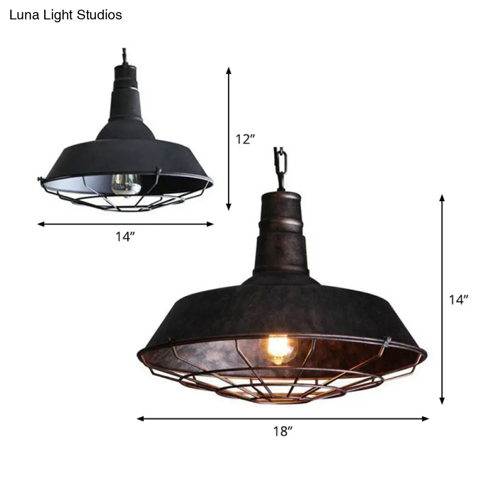 Industrial Barn Metal Suspension Lighting - 1 Head Dining Room Hanging Lamp With Tapered Cage Guard