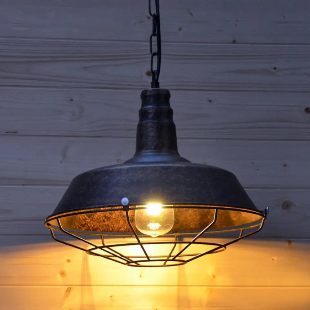 Industrial Barn Metal Suspension Lighting - 1 Head Dining Room Hanging Lamp With Tapered Cage Guard