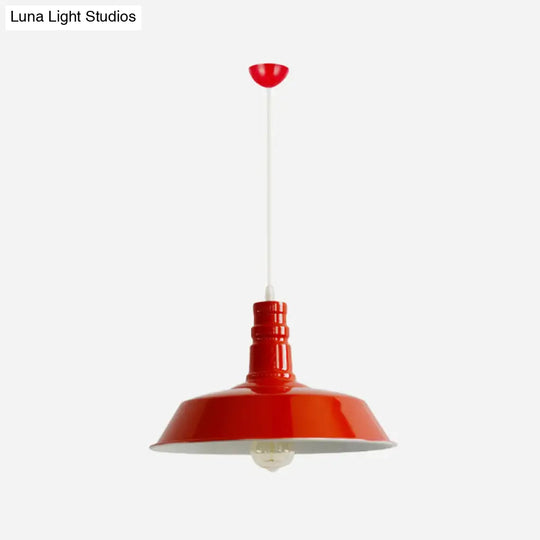 Industrial Barn Shade Pendant Lamp With Rolled-Trim Head - Red/Yellow/White Finish