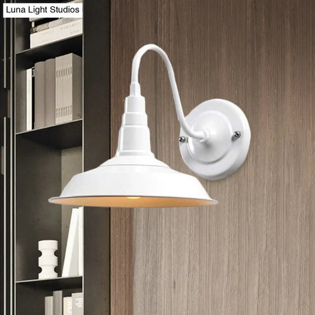 Industrial Barn Wall Sconce With Gooseneck Arm - Black/White 1 Light 10/14 Width