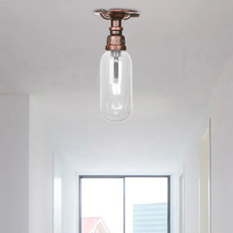 Industrial Bathroom Semi Flush Ceiling Light Fixture With Clear Glass Oval Shade In Weathered